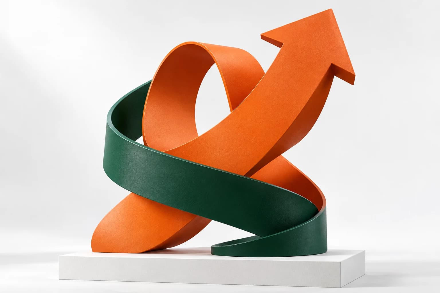 Orange and forest-green sculptural ribbons rising together into an upward arrow
